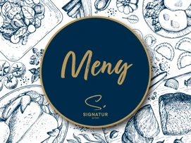 Illustration av menydesign med matritningar och texten "Meny Signatur by Door" i stiliserad skrift på mörkblå bakgrund.