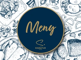 Illustration av menydesign med matritningar och texten "Meny Signatur by Door" i stiliserad skrift på mörkblå bakgrund.