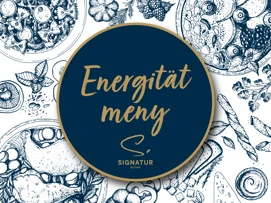 Illustration av menydesign med matritningar och texten "Energität meny Signatur by Door" i stiliserad skrift på mörkblå bakgrund.